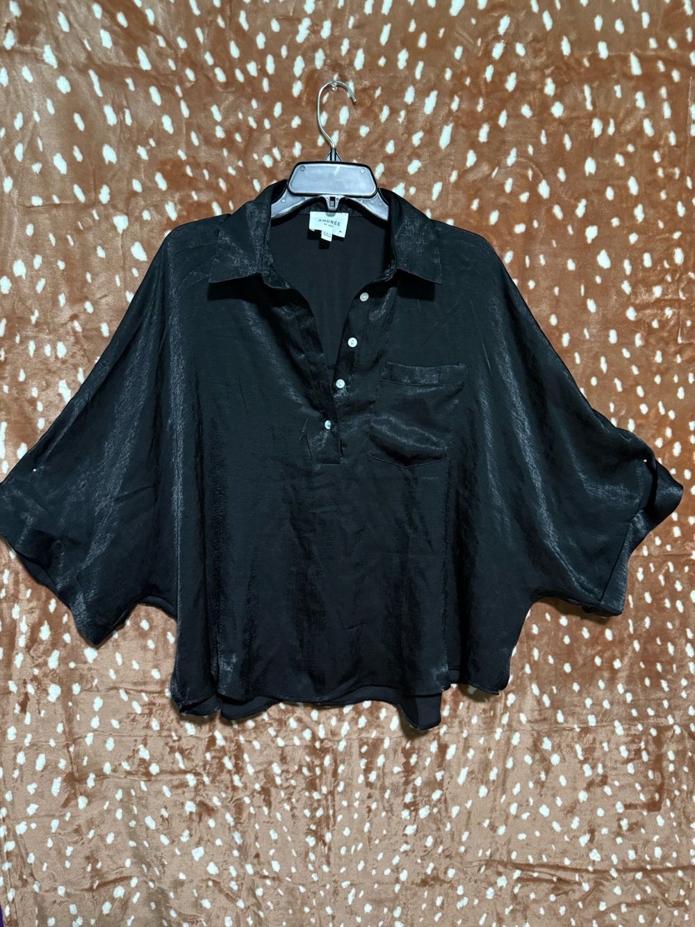 ANDREE BY UNIT Black Satin Dolman Polo Blouse
